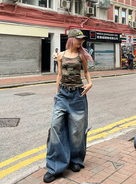 YAMMYUKI美式复古星星贴布水洗做旧蓝色弯刀阔腿廓形牛仔裤女