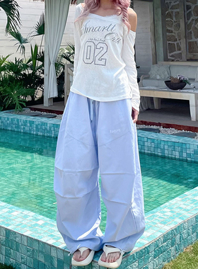 美式复古蓝色竖条纹垂感褶皱伞兵裤夏季宽松直筒爵士舞休闲弯刀裤