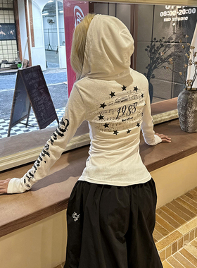 YAMMYUKI美式星星字母印花初秋连帽长袖T恤修身显瘦薄纱防晒罩衫