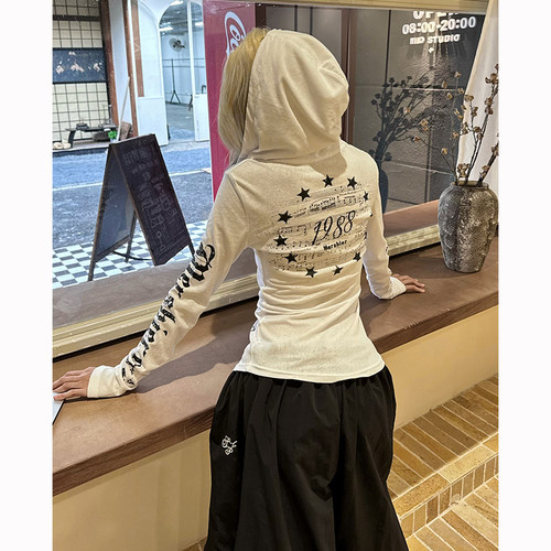 美式星星字母印花连帽长袖T恤