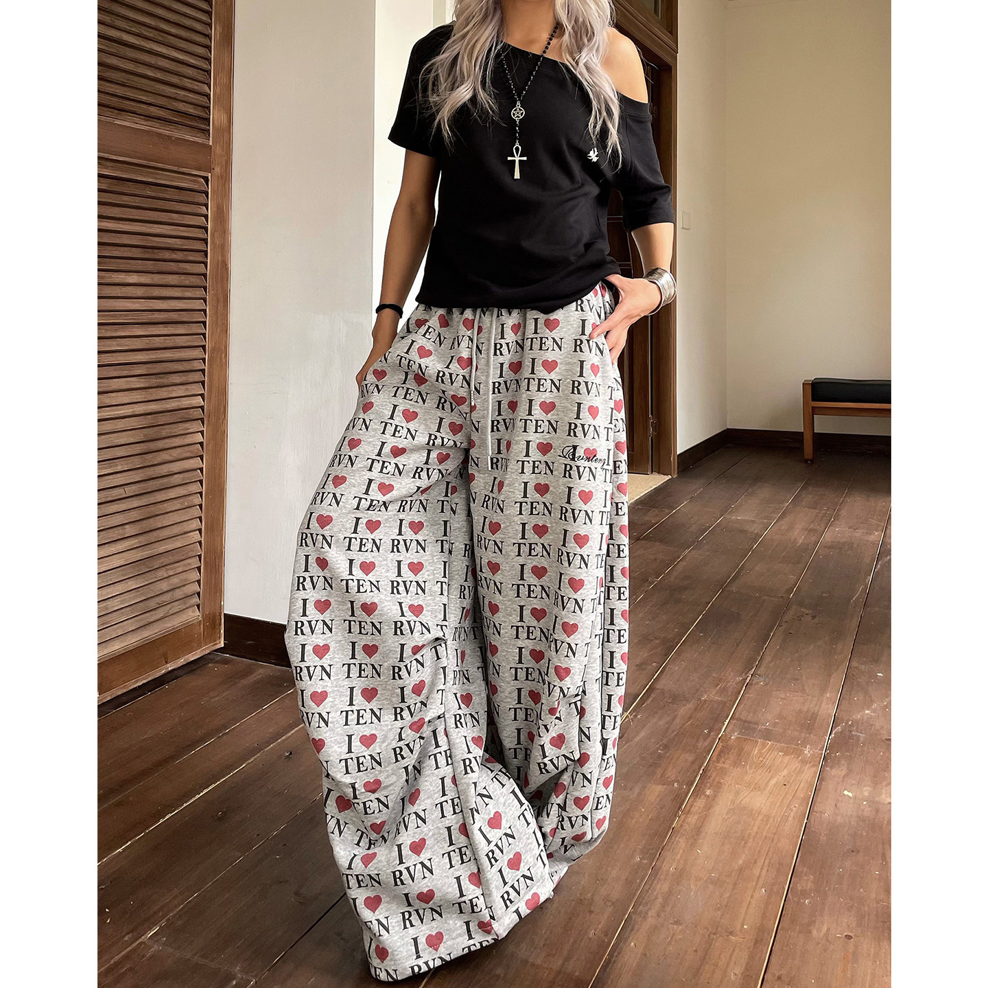 美式趣味设计感爱心字母休闲裤