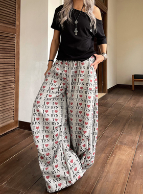 YAMMYUKI美式趣味设计感爱心字母满印抽绳休闲宽松卫裤直筒百搭