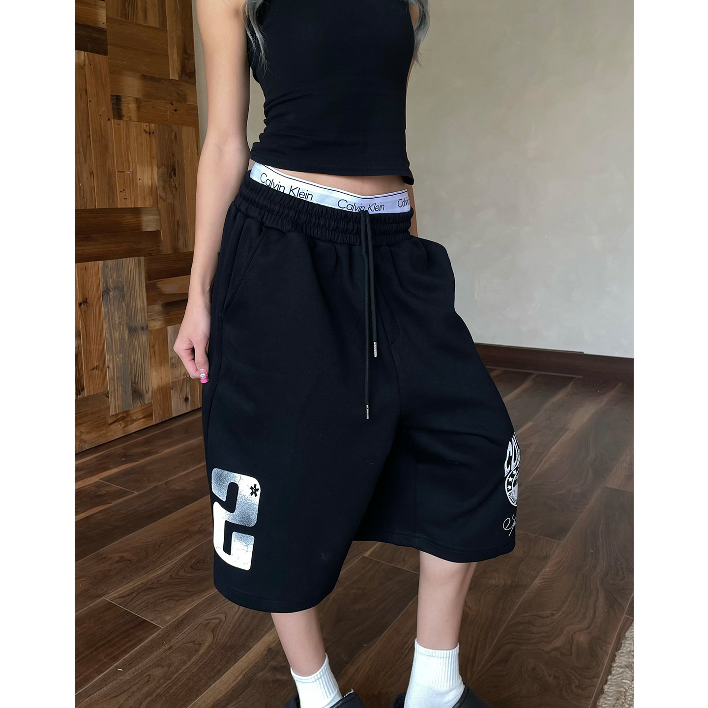 YAMMYUKI美式慵懒复古运动风字母印花阔腿七分裤男女松紧腰休闲裤