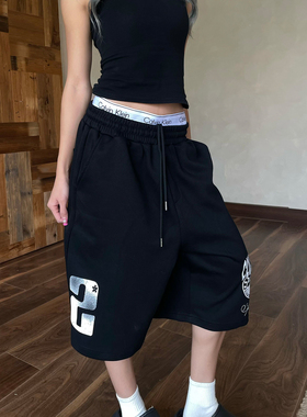 YAMMYUKI美式慵懒复古运动风字母印花阔腿七分裤男女松紧腰休闲裤