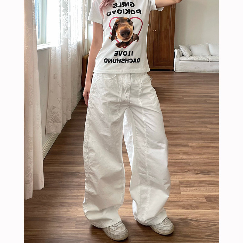 美式纯色弯刀休闲裤男女宽松简约