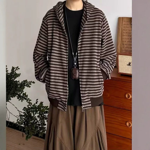 美式复古条纹连帽开衫卫衣男女