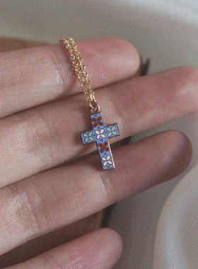 巴洛克｜美产vintage古董四叶草珐琅花纹十字架包金项链