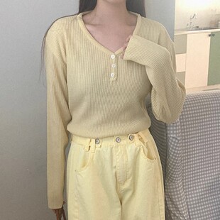 直邮 首尔印象韩代 26SS 温柔柠檬黄V领系扣针织衫女春季新款