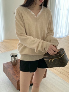 whynot 26ss东大门 韩版V领宽松休闲长袖套头针织毛衣女装上衣