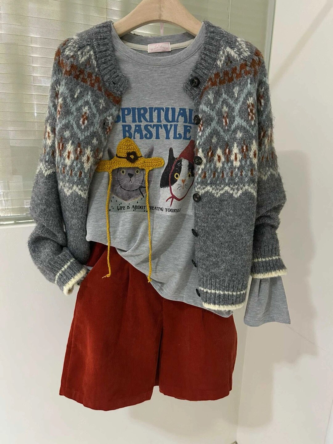 直邮 lakerr正品 25fw 首尔印象韩代 可爱编织帽猫咪磨毛长袖T恤