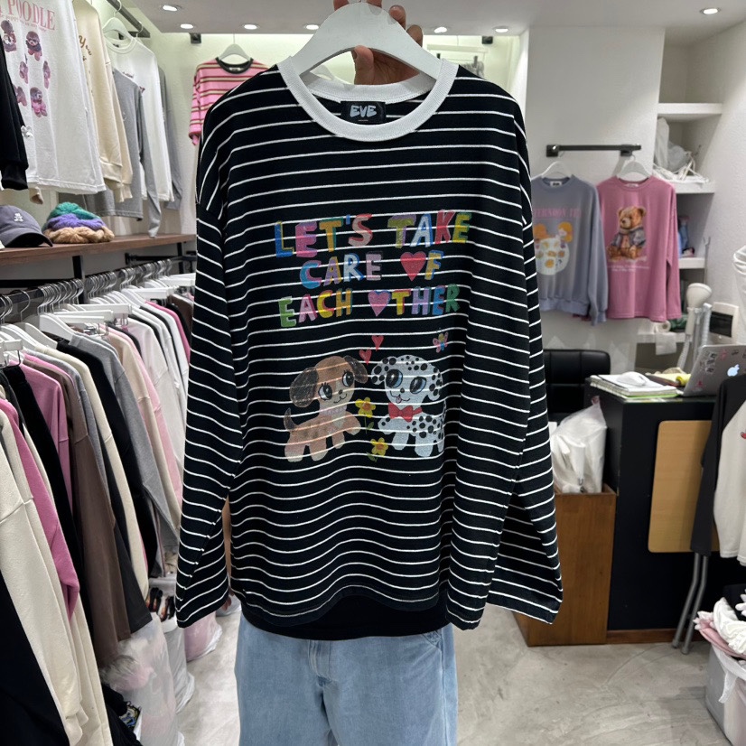 直邮 EVE 25fw 减龄少女风彩色字母小狗条纹宽松长袖T恤女秋新款