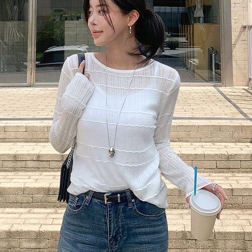 首尔印象韩代 26fw themood波浪纹圆领薄款宽松套头针织衫女