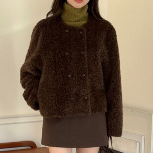 直邮 东大门代购 温暖软FUFU毛绒绒双排扣棉衣短外套女秋冬新款