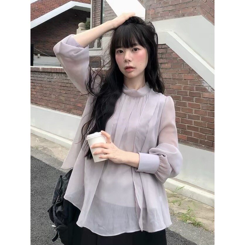 首尔印象韩代 26fw 半高领褶皱雪纺衬衫女氛围感宽松温柔遮肉衬衣