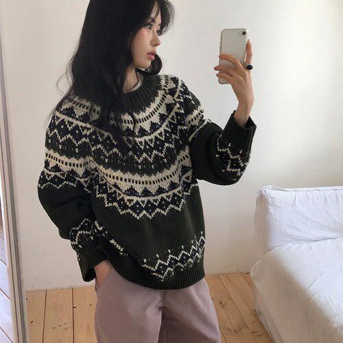 直邮 东大门代购 复古费尔岛花纹螺纹圆领套头毛衣针织衫女秋冬新