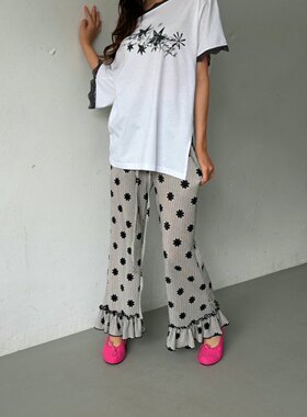 GISELE 首尔印象韩代 26ss 复古甜辣花朵印花荷叶边微喇休闲裤女