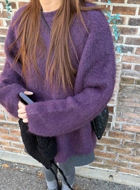 直邮 首尔印象韩代 25fw 温油紫色毛绒绒软FUFU中长款毛衣针织衫