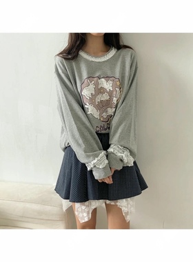 直邮 首尔印象韩代 LOVABLE蕾丝木耳边兔子印花宽松套头卫衣女秋