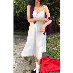 直邮 首尔印象韩代 26ss 少女风清纯白色V领系带吊带连衣裙春新款
