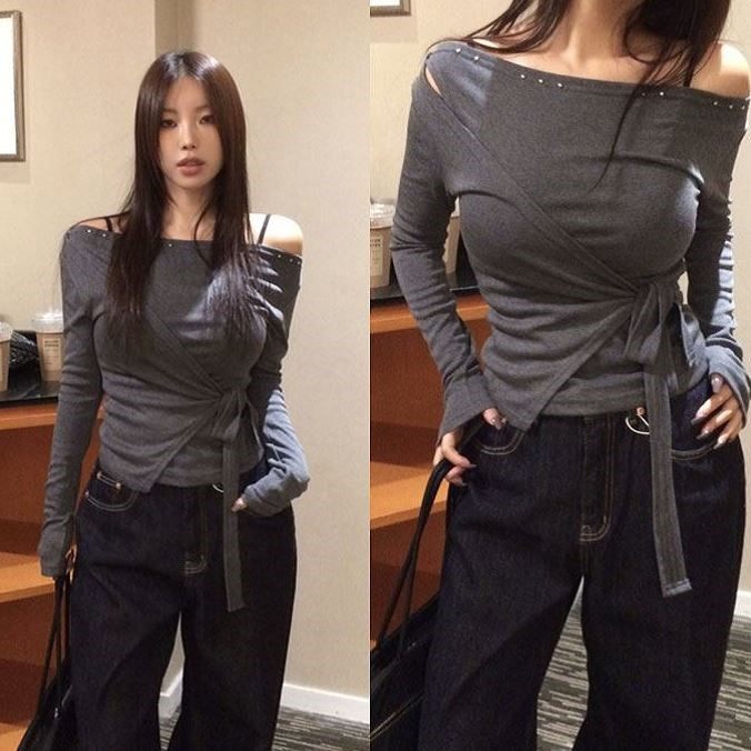 直邮 东大门代购 小众设计铆钉露肩系带收腰长袖T恤女秋冬新款