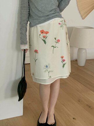 直邮 首尔印象韩代 26ss omar 甜美温柔风抽绳花卉印花韩版半身裙