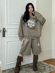 直邮 J.needs韩国代购正品 时髦露肩字母卫衣+阔腿卫裤中裤套装女