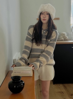 直邮 首尔印象韩代 25fw Miel博主同款系扣POLO翻领条纹毛衣针织