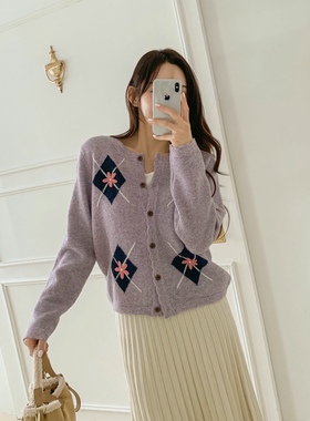 直邮 首尔印象韩代 25fw 温柔紫色棱形格子花朵针织开衫女秋新款