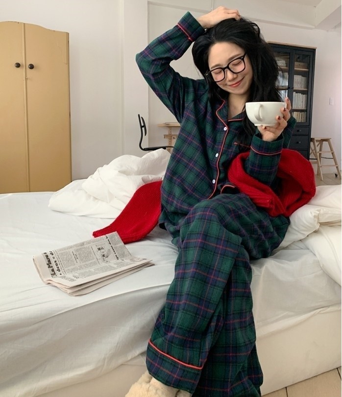 首尔印象韩代 东大门 ins风 居家风绿格子衬衫长裤睡衣套装新款女