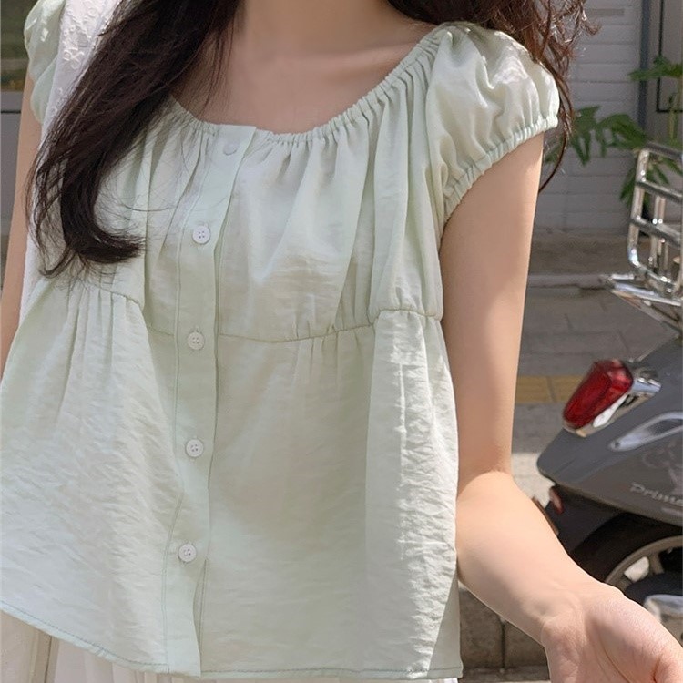 直邮 首尔印象韩代 HITHER清新薄荷绿松紧领宽松短款娃娃衬衫少女图片