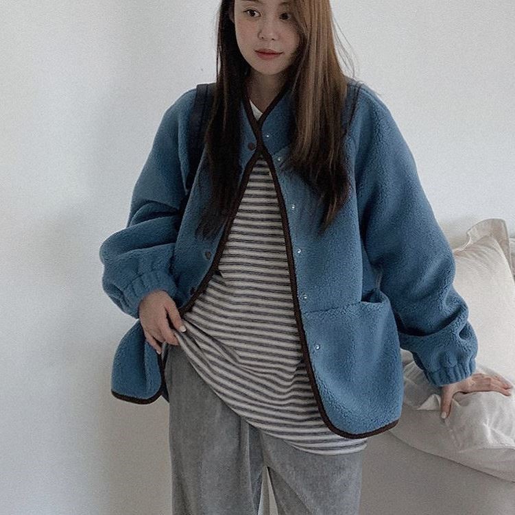 包邮 首尔印象韩代 25fw 软糯舒适蓝色宽松羊羔绒短外套秋冬新款