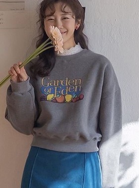 直邮 东大门代购 volant少女风水果字母加绒套头宽松卫衣秋冬新款