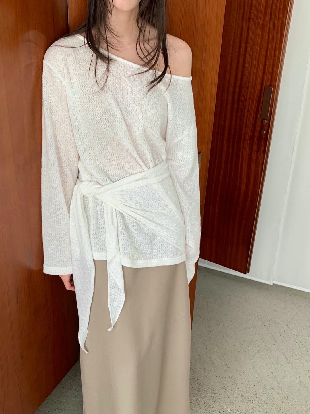 flatyou 26SS 东大门代购  宽松型套头中长款毛针织衫绑带屁帘女