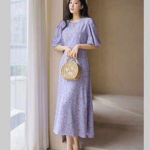 包邮 首尔印象韩代 26ss 法式唯美紫罗兰碎花泡泡袖雪纺连衣裙