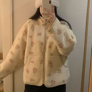 包邮 首尔印象韩代 25fw 温暖软呼呼碎花拉链羊羔绒外套女秋冬新