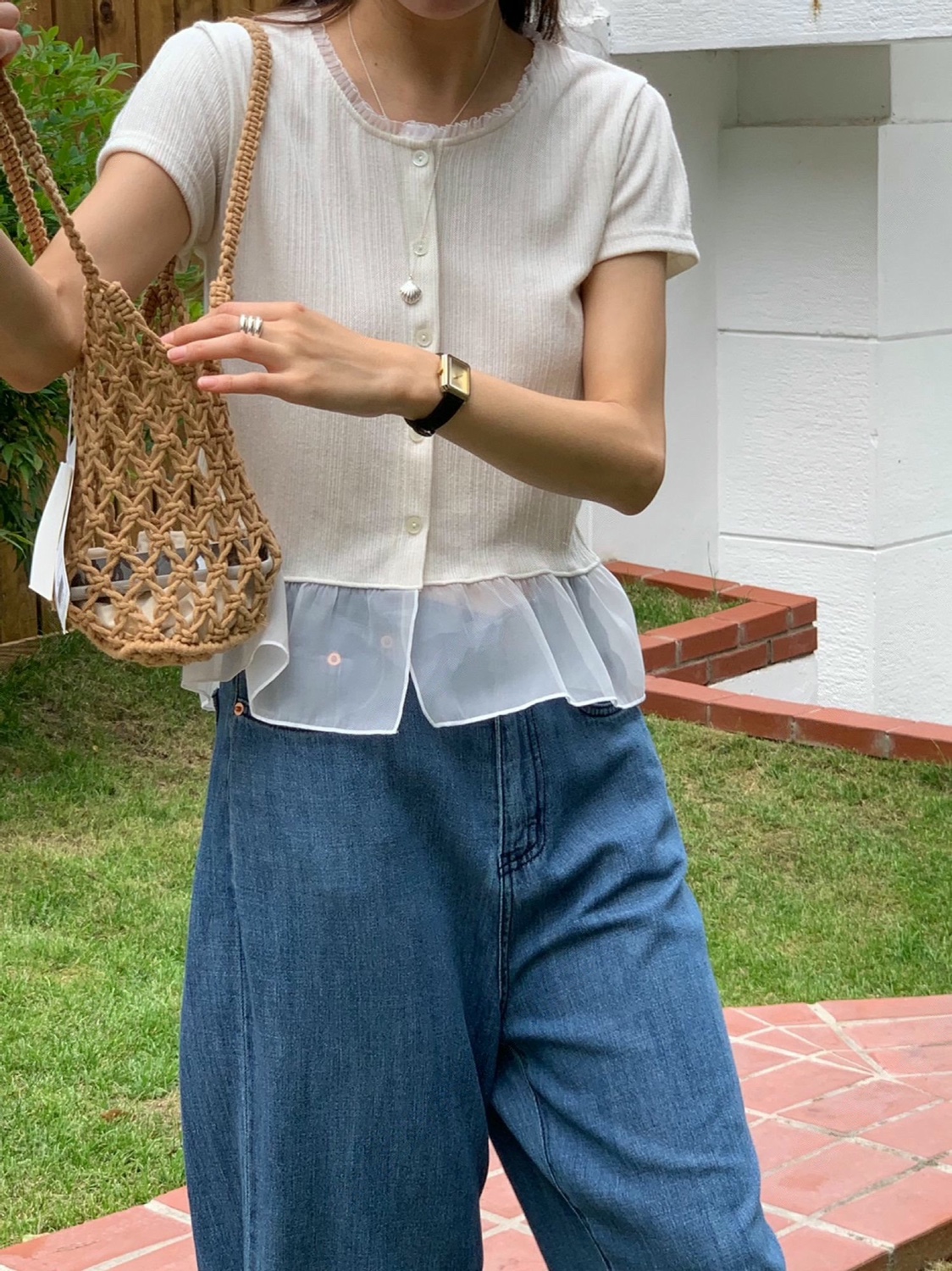 直邮 首尔印象韩代25夏季新款 areing少女薄纱裙摆单排扣开襟衬衫
