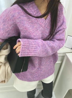 直邮 onthemood正品 25fw 韩代温柔V领套头紫色针织衫女毛衣秋冬