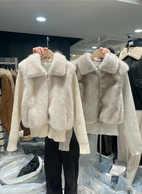 直邮 首尔印象韩代 25fw CELLONA环保皮草拉链翻领拼接针织外套女