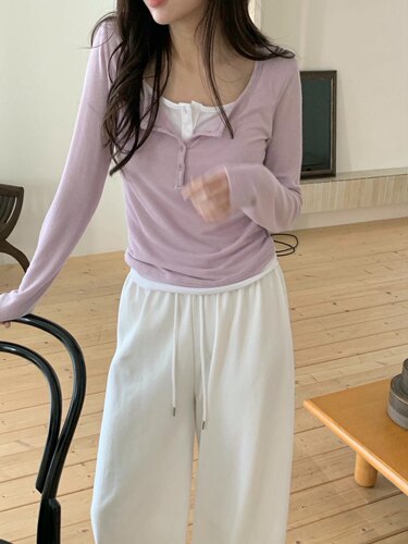 whynot 26ss东大门代购 假两件T恤叠搭常规款长袖上衣韩版女装