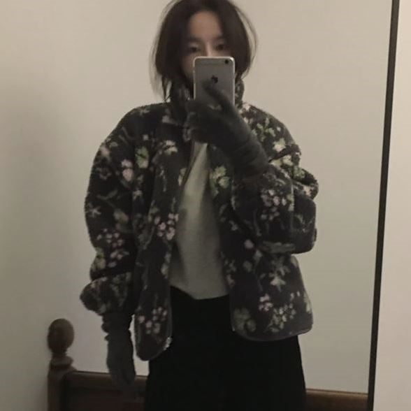 直邮 东大门代购 美拉德风复古花纹摇粒绒拉链棉衣外套女秋冬新款