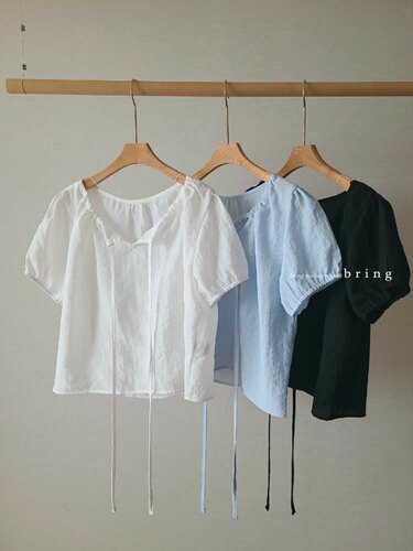 BRING 首尔印象韩代 26ss 淡人系松紧圆领宽松飘带短袖衬衫夏新款