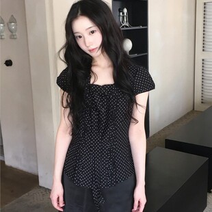 直邮 首尔印象韩代 26ss 复古黑色波点木耳边短袖飘带衬衫女