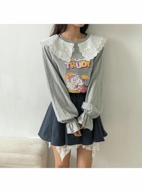 直邮 首尔印象韩代 LOVABLE刺绣荷叶翻领卡通印花宽松卫衣女25秋