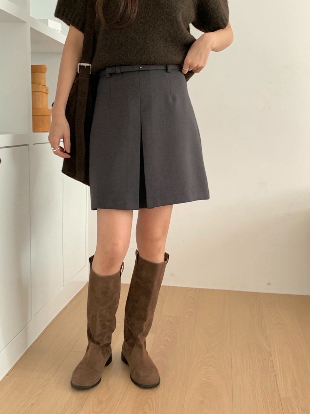 直邮 VOLANT 25fw 通勤气质风腰带设计压褶开叉半身短裙秋季新款