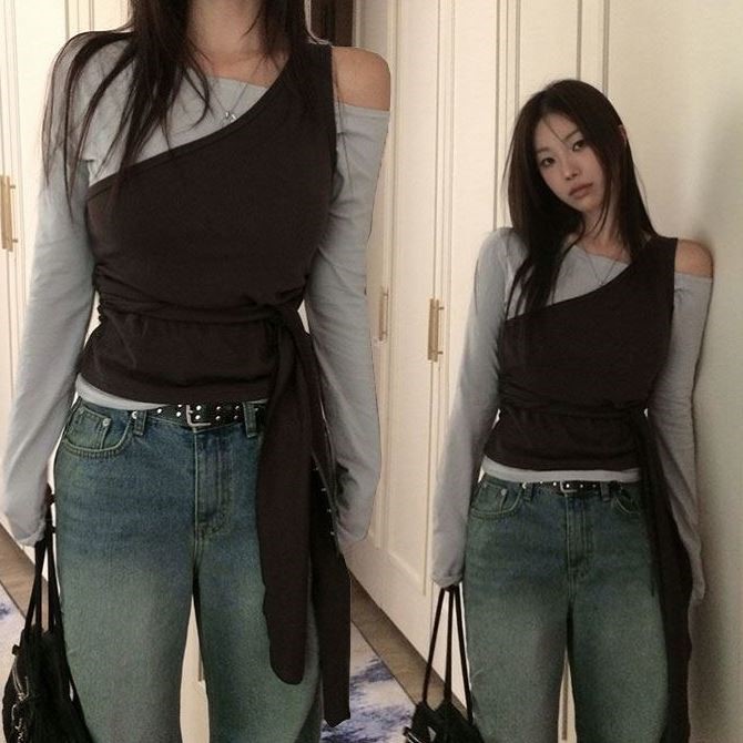 包邮 首尔印象韩代 25秋冬新款 复古斜露肩撞色绑带长袖T恤女