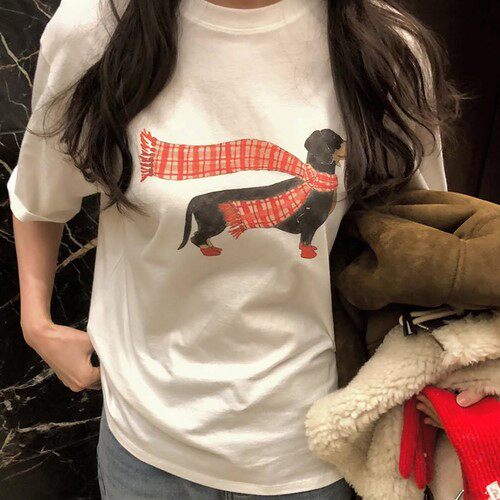 直邮 东大门代购 红色格子围巾小狗印花短袖T恤女25秋冬新款