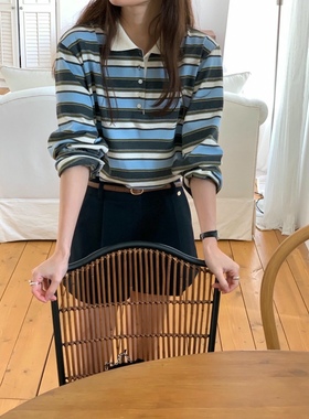 直邮 VOLANT 25fw 少女减龄撞色POLO翻领宽松条纹长袖T恤秋季新款