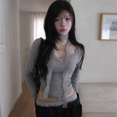 直邮 首尔印象韩代 26SS 纯欲风V领露腰紧身长袖T恤+蕾丝围巾set