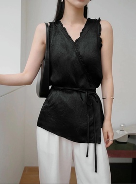 直邮 首尔印象韩代 FRILL气质黑色木耳边交叉系带无袖衬衫女25夏