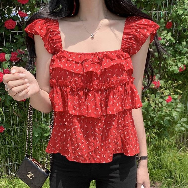 包邮 首尔印象韩代25夏季新款 软妹减龄叠层荷叶边飞飞袖方领衬衫